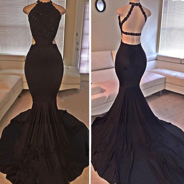 Black Mermaid Lace Halter Mermaid Backless Sleeveless Party Dress Lace Prom Gown For Teens JS70