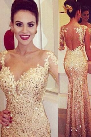 Mermaid Sweetheart Long Sleeves Gold Backless Evening Dresses with Appliques JS42