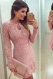 Lace dress pink Sexy lace Elegant short O neck Prom Dresses Long sleeve Party dresses JS725