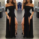 Sexy Black Long Off-the-Shoulder A-Line Half Sleeve Scoop Sexy Slit Prom Dresses JS790