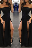 Sexy Black Long Off-the-Shoulder A-Line Half Sleeve Scoop Sexy Slit Prom Dresses JS790