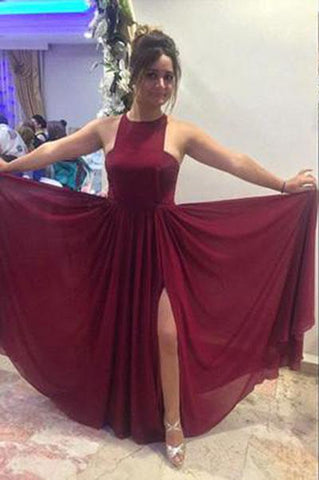 Pretty Burgundy Halter Sleeveless Long Chiffon Prom Dresses Open Back Prom Dresses JS135