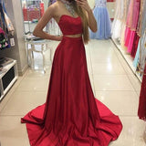 Fabulous Two Piece Red Halter Sleeveless Sweep Train with Beading Prom Dresses JS730