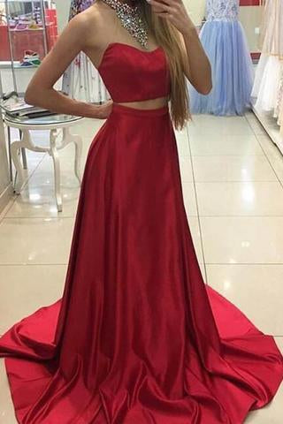 Fabulous Two Piece Red Halter Sleeveless Sweep Train with Beading Prom Dresses JS730