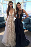 A Line V Neck Appliques Long Prom Dress V-neck Sexy Evening Party Dresses JS605