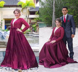 A Line V Neck Long Sleeves Beading Sweep Train Satin Plus Size Prom Dresses JS196