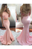 Long Satin Two Piece Sleeveless Sexy Mermaid Pink Halter Open Back Evening Dresses JS769