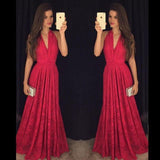 Hot Sexy V-neck Red Prom Dresses/Lace Long Formal Dress JS425