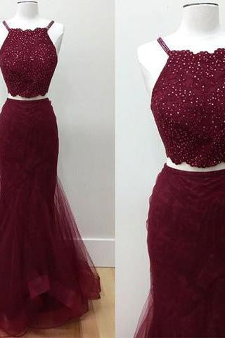 Hot-Selling Two-Piece Mermaid Halter Sleeveless Burgundy Long Prom Dress with Beading JS779