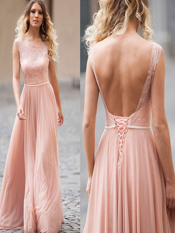 A-Line Backless Blush Pink Sleeveless Long Sexy Chiffon Prom Dresses