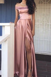 Pink Elegant A-Line Cheap Off the Shoulder Long Slit Prom Dresses JS146