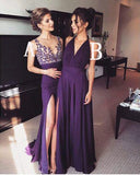 Elegant Long Simple Formal Dress For Women Purple A-Line V-Neck with Slit Prom Dresses JS763