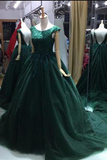 A-line Green Lace Appliques Ball Gown V-back Evening Dresses Prom Dresses JS737
