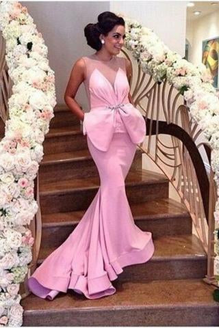 Pink Mermaid Satin Sheer Backless Prom Dress Sexy Formal Dress Bling Prom Dresses JS722