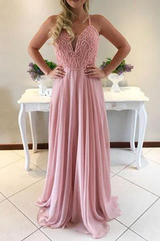 Charming A-Line Spaghetti Straps Sweetheart Pink Long Chiffon Prom Dress JS426