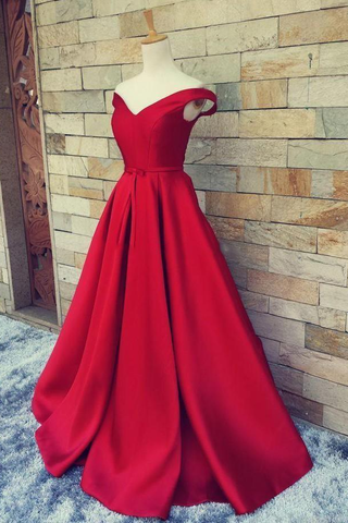 Simple Ball Gown Off The Shoulder Sweetheart Red Satin Fitted Corset Prom Dresses JS157