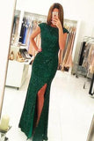 Dark Green Open Back Long Prom Dresses Sequins Split Bridesmaid Dress JS002