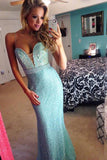 2023 sexy light blue beading sweetheart A-Line long spaghetti straps prom dresses JS354