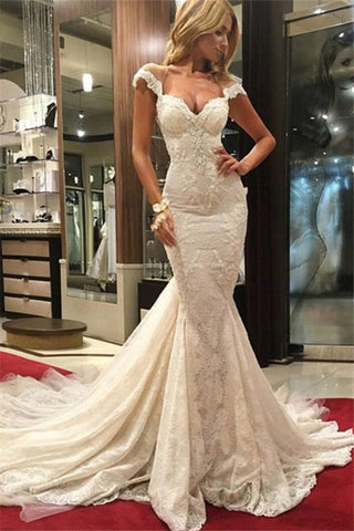 Gorgeous Scoop Illusion Back Cap Sleeves Court Train Lace Sexy Mermaid Wedding Dresses JS285