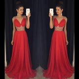 Open Back Red Chiffon V-Neck Cap Sleeve Lace A-Line Beads Prom Dresses JS961
