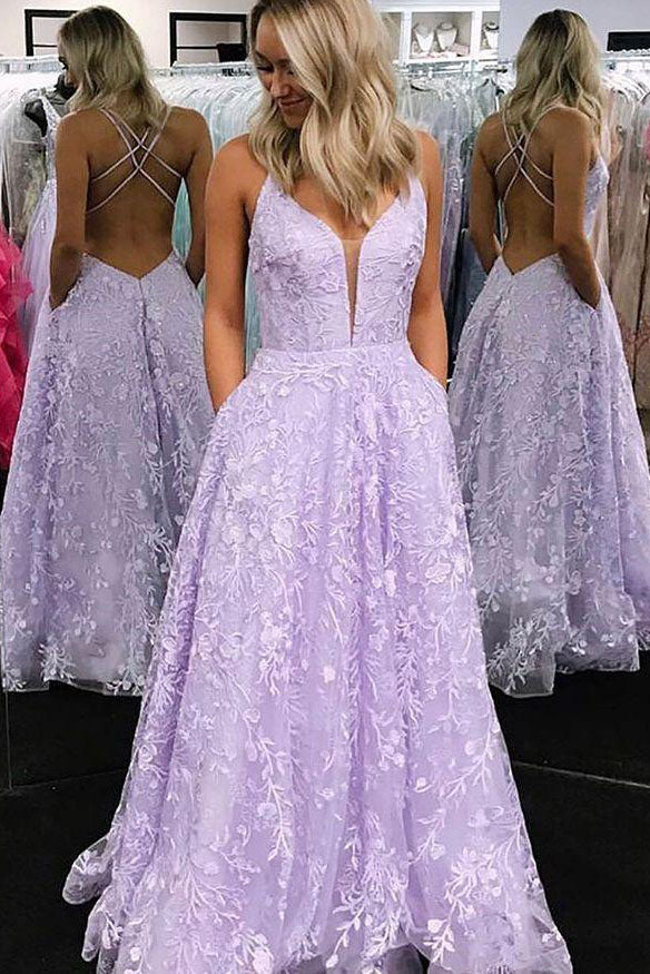 Lilac A-Line Lace Straps Appliques Long Prom Dresses With Pockets