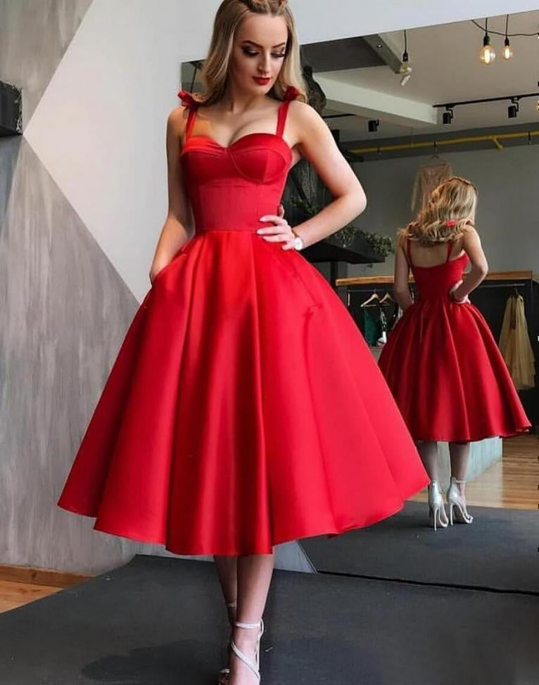 Buy A-Line Spaghetti Straps Tea-Length Red Satin Prom Homecoming ...