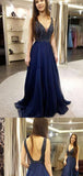 Chic Deep V Neck Open Back A Line With Beading Prom Dresses