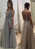 Sexy V neck Beaded Tulle With Side Slit Prom Dresses