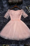Cute Lace Tulle A-line Off the Should Half Sleeves Short Homecoming Dresses JS134