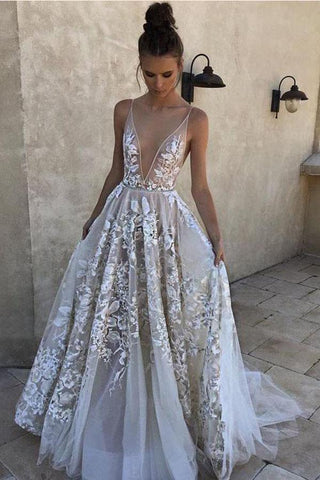 2024 A-Line White Long Tulle Deep V Neck Lace Sleeveless Appliques Prom Dresses JS850