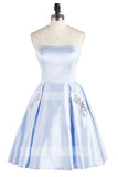Light Sky Blue Strapless Satin Lace up Knee Length with Pockets Homecoming Dresses JS836