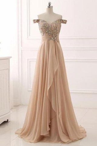 A Line Chiffon Sweetheart Off the Shoulder Beads Open Back Cheap Prom Dresses JS148