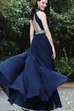Sexy A-Line Beads Halter Cheap Royal Blue Simple Chiffon Backless Prom Dresses UK JS431