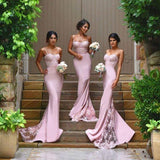 Mermaid Spaghetti Straps Satin Long Bridesmaid Dresses with Lace Appliques