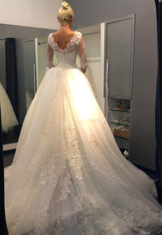Wedding Dresses A Line High Neck Long Sleeves Tulle With Applique Zipper Up