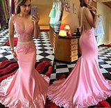 Pink Mermaid Long Illusion Bodice Applique Pearls Sheer Satin Sleeveless Prom Dresses JS36
