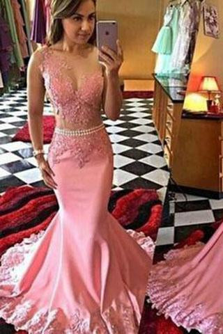 Pink Mermaid Long Illusion Bodice Applique Pearls Sheer Satin Sleeveless Prom Dresses JS36