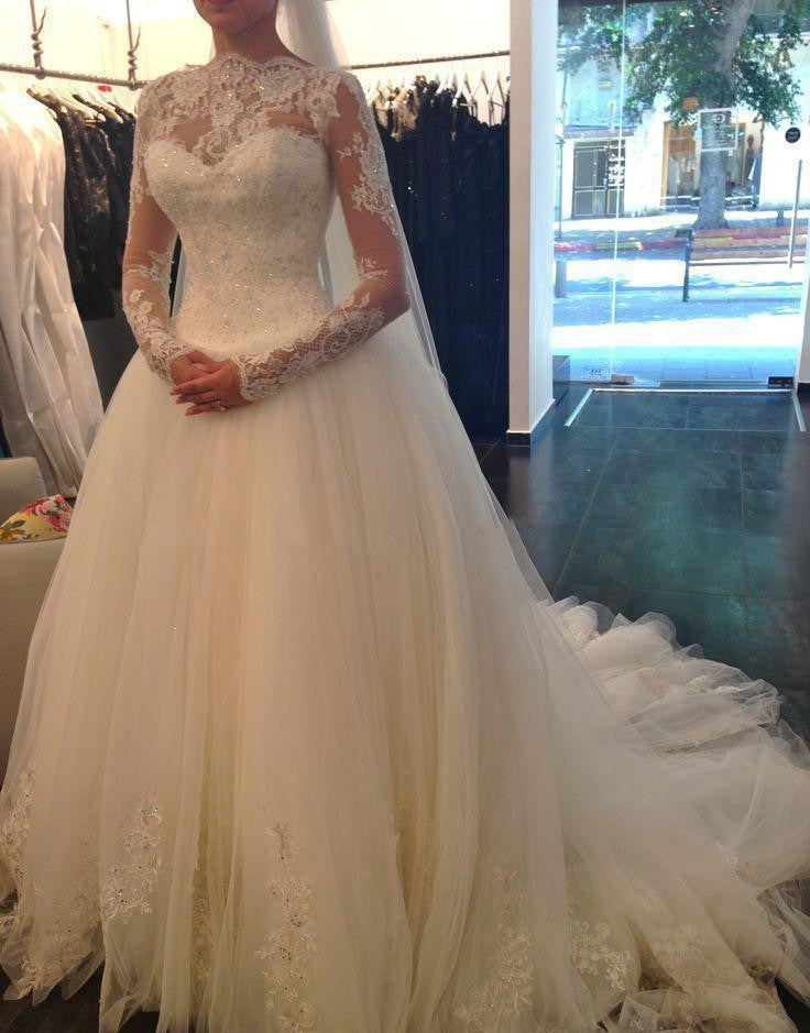 Wedding Dresses A Line High Neck Long Sleeves Tulle With Applique Zipper Up