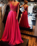A-Line See-Through Neckline Appliques Chiffon Red Lace Backless Beads Prom Dresses UK JS316