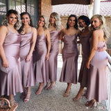 Sheath Spaghetti Straps Tea Length Lilac Bridesmaid Dress With Split Prom Dresses