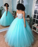 A-Line Tulle Sexy Strapless Sweetheart Sleeveless Green Beads Prom Dresses JS948