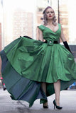 Elegant Sexy A-Line Deep V-neck Cap Sleeve High Low Green Taffeta Prom Dresses JS263