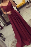 Satin Off the Shoulder A-line Sweep Train Sashes Sweetheart Burgundy Prom Dresses JS604