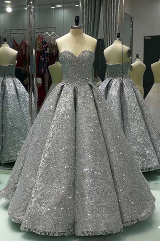 Sweetheart Gray Sleeveless Long Sequins Strapless Ball Gown Shiny Winter Prom Dresses JS575