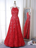 Red A-Line Lace Long Prom Dresses Modern Party Dresses JS518