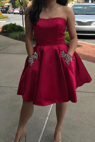 Simple Strapless Cute Cheap Beaded Red Sleeveless Homecoming Dresses with Pockets JS702