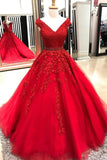 Red V Neck A Line Sweetheart Ball Gowns Lace Prom Dresses with Appliques