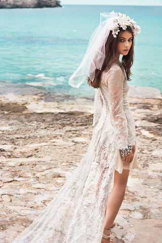 Spanish Summer Long Sleeve A-Line Lace Boho Beach Appliques Wedding Dresses JS270