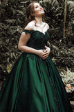 A-Line Ball Gown Off the Shoulder Green Sleeveless Sweetheart Lace Satin Prom Dresses JS555