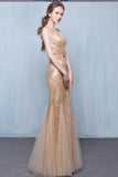 Golden Sequins V-Neck Mermaid Elegant Tulle Sleeveless Prom Dresses with Sash Bowknot JS248